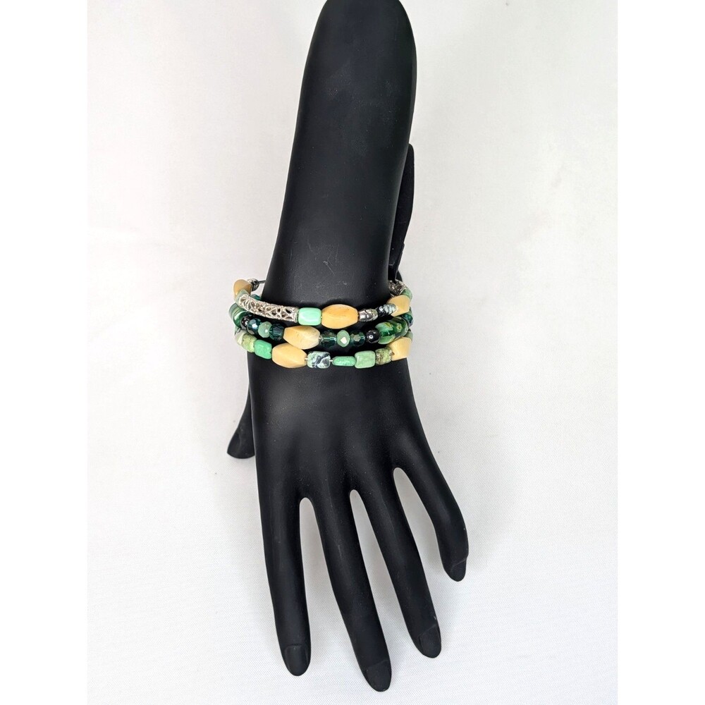 Adjustable Bracelets - 3 Coils, Yellow Jade, Green Glass Beads, Handmade, New